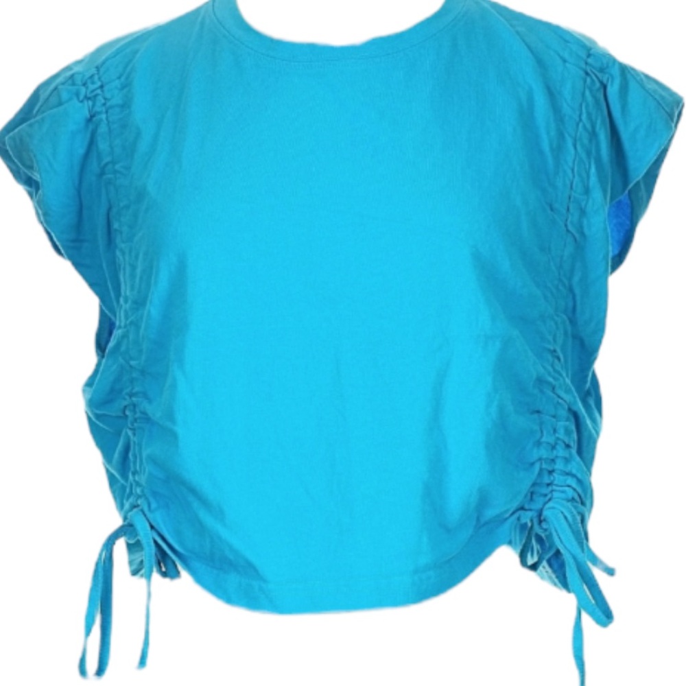 OAK + FORT 100% Cotton Teal Blue Ruched Boxy Top w Adjustable Side Ties. nwot SP